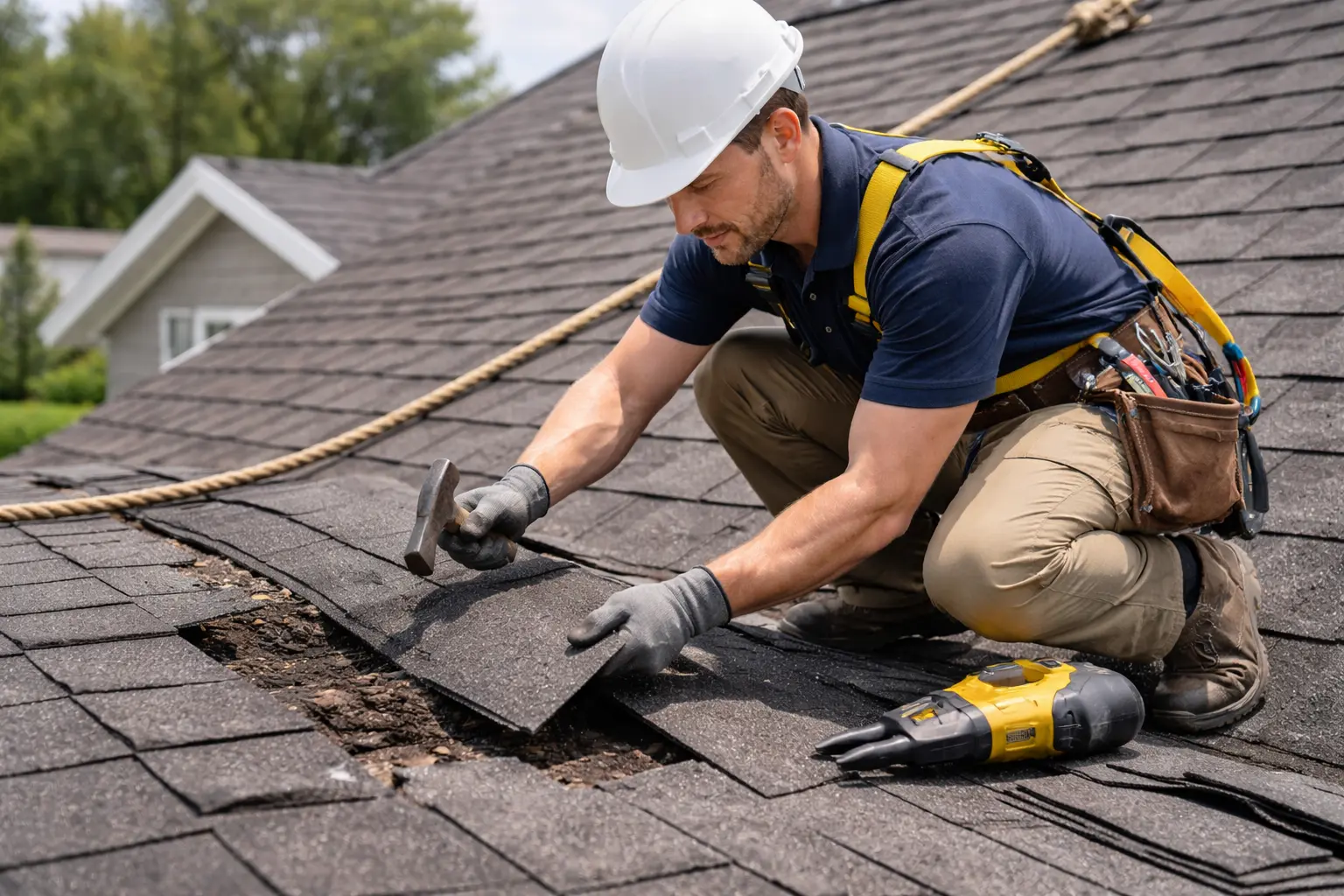 Emergency Roofing 4 Professional roofing team standing beside a newly installed residential roof showcasing quality workmanship safety gear and reliable service in a suburban setti